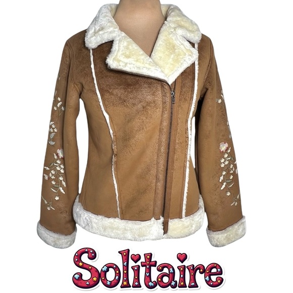 Solitaire Embroidered Faux Suede Zip Front Faux Fur Lined Moto Jacket Size Small - Picture 1 of 8